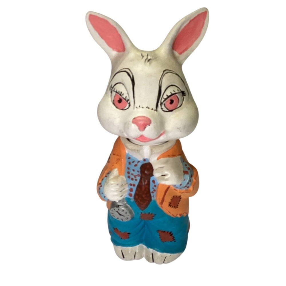 1970 Easter Bunny Candy Storage Ceramic 8 inch Orange Blue Hand Painted